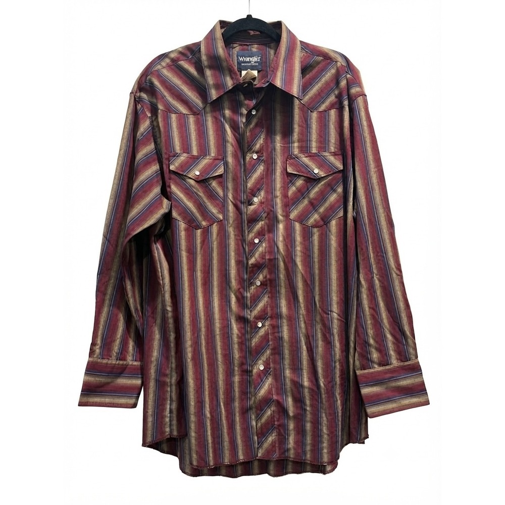 Wrangler Western Shirts Mens 17.5x36 Tall Burgundy Striped Pearl Snap Button Up
